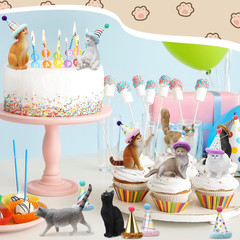 18 Pcs Cat Birthday Party Decorations Mini Birthday Hat Animal Figure Model Cake