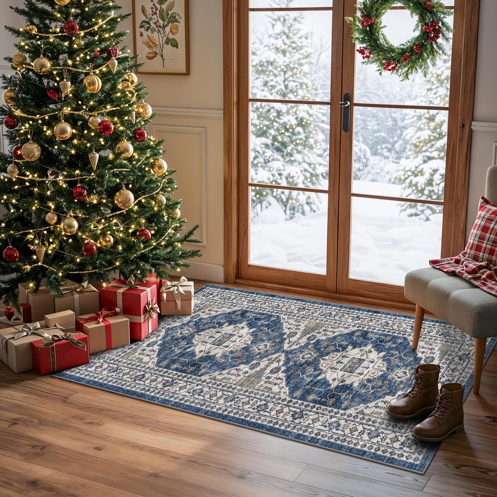 2×4 Non-Slip Entryway Area Rugs: Washable Stain Resistant Kitchen 2×4, Blue