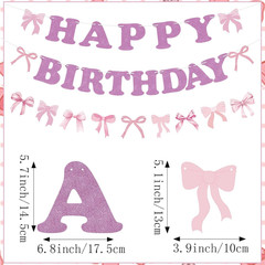 3 Pack Pink Bow Happy Birthday Banner Glitter Party Garland Decorations Set