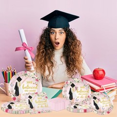 Juweked Pink Graduation Paper Plates and Napkins, She Believed She Could So S…