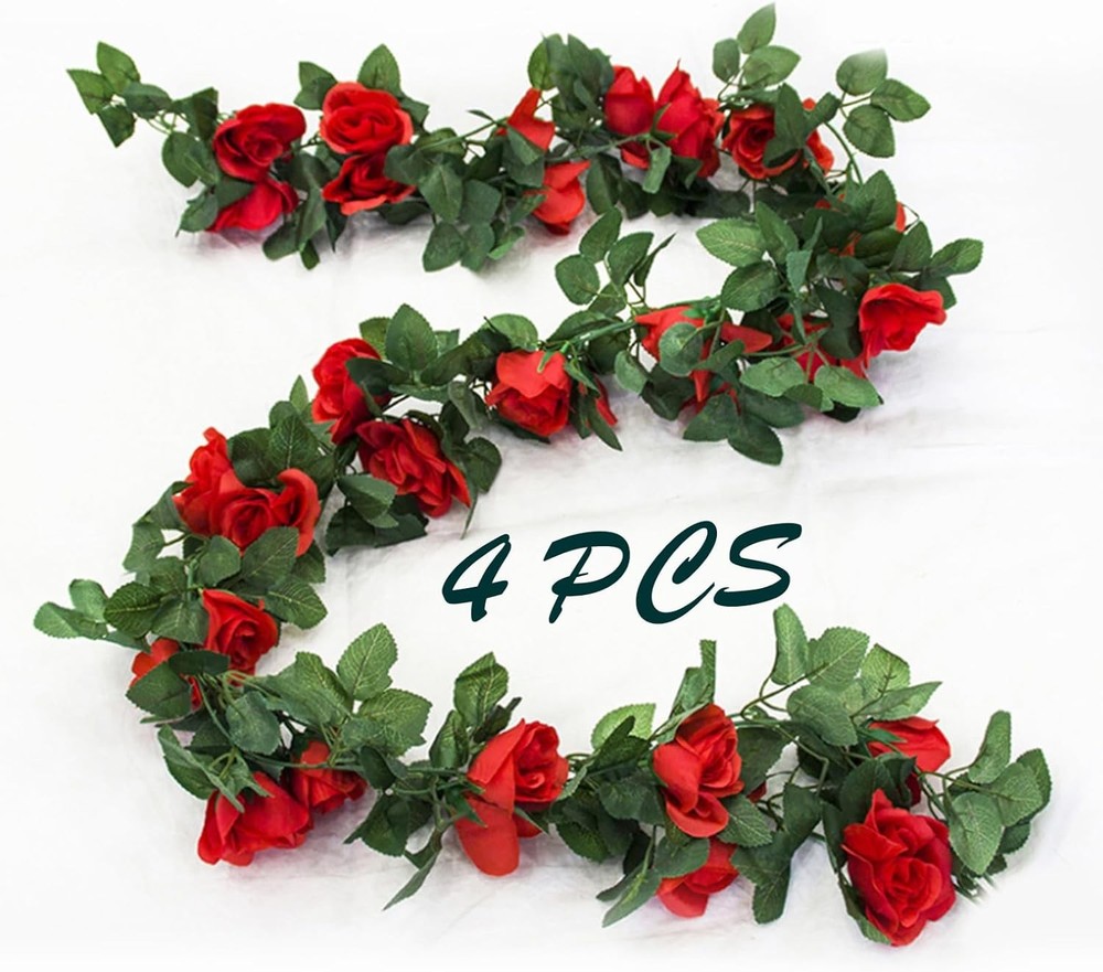 4 Pack Artificial Rose Vine Garland Fake Roses Flowers Plants Vines Hanging