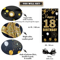 18th Door Banner Backdrop, Happy 18th Decorations for Girls Boys Black Gold, …