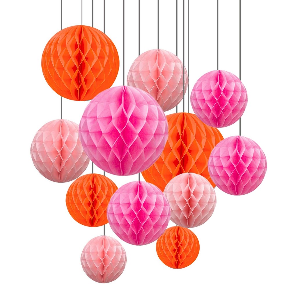 12 PCS 6/10 Inch Pink Orange Honeycomb Balls Hanging Tissue Paper Pom Poms