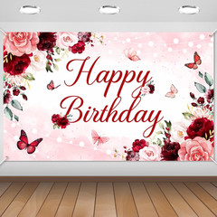 Floral Happy Birthday Banner for Women Girls Rose Gold Red Floral Birthday Pa…