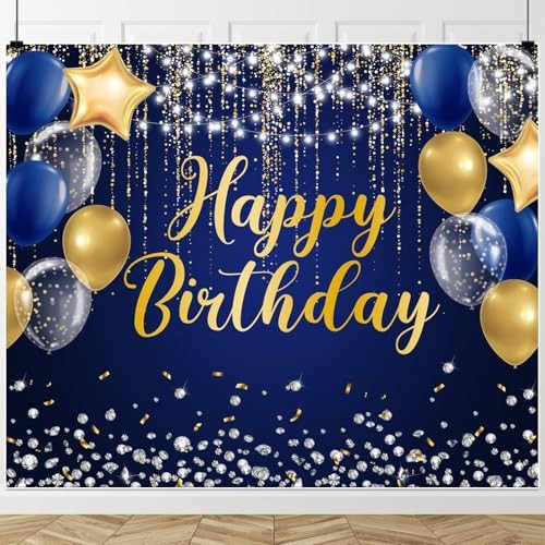 Navy Blue and Gold Happy Birthday Backdrop 10x8ft Royal Blue Birthday Banner