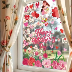 6 Sheets Happy Mother’ s Day Window Clings Rose Flower Heart Window Decal Red Pi