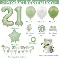 Eucalyptus 21st Party Decorations Happy Banner, Cake Topper, Olive Green Foil…