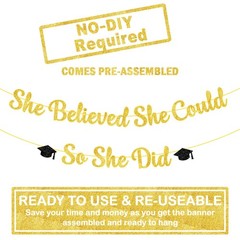 She Believed She Could So She Did Banner – Glitter 10 Feet, No DIY | Gold and Bl