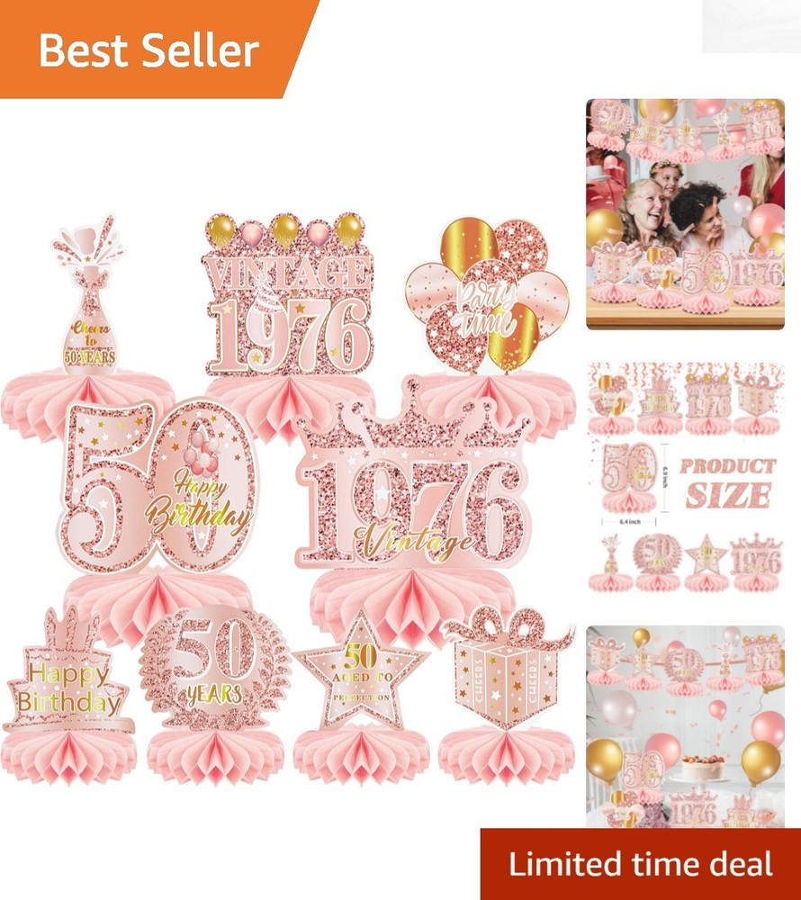 50th Birthday Celebration Set – 9 Rose Gold Pink Honeycomb Decorations for Women