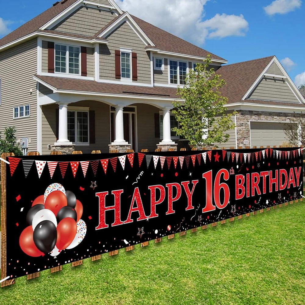 Black Red 16th Birthday Party Decorations Banner for Boys Girls Happy Birthday