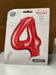 BRAVA! Number “4” Single PC 34” Foil Balloon – Red