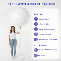36 Inch Assorted Rainbow Large Latex Balloons, 15 PCS Big Multicolor Colorful Ba