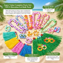72Pcs Hawaiian Party Decorations Set Grass Skirts Leis for Luau Colorful