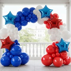 Red and Blue Double Balloon Arch Kit with four Giant 24″ Star Foil Balloons –…
