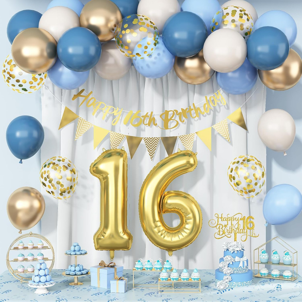 Sweet 16Th Birthday Decorations for Boys Girls, Dusty Blue Cream White Gold 16