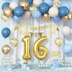 Sweet 16Th Birthday Decorations for Boys Girls, Dusty Blue Cream White Gold 16