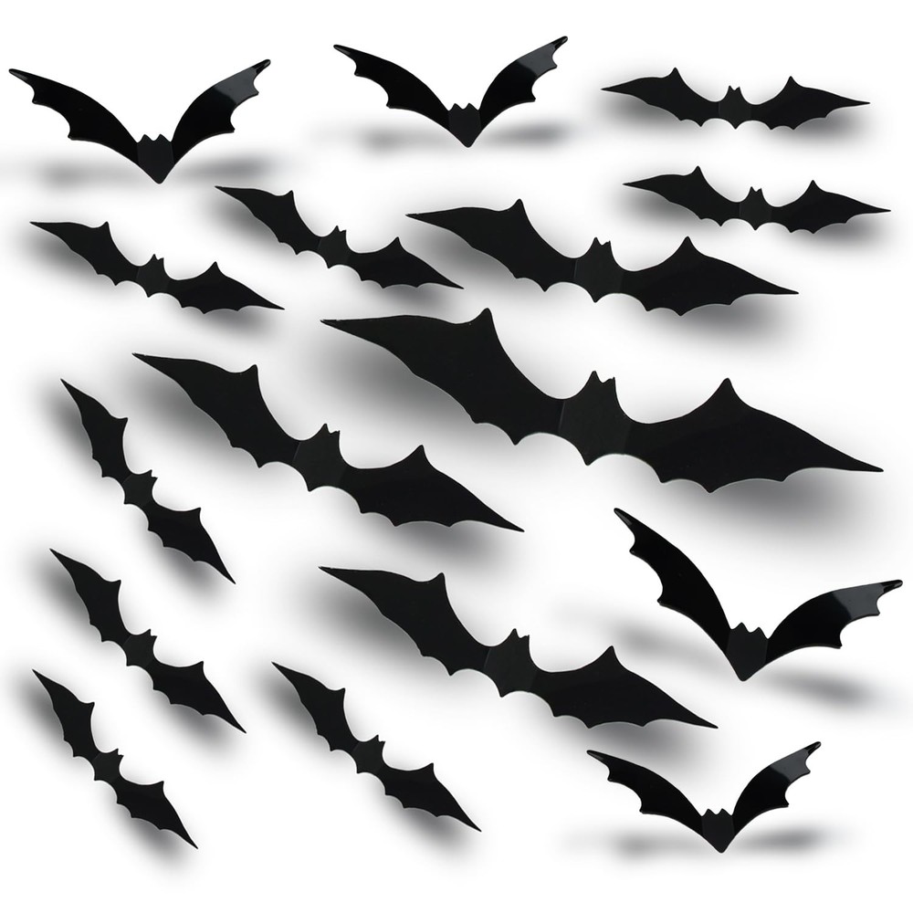 FEILIBAY 60 Pieces Halloween Bats Decoration, 4 Size 3D Multi Size, Black