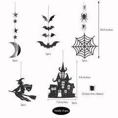 Halloween Witch Garland for Haunted House Decoration Black Glitter Gothic Sticke
