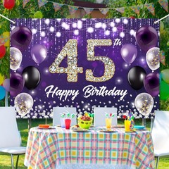 Happy 45th Birthday Backdrop Banner Purple Theme Background with Shiny 45