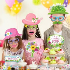 Spring Photo Booth Props with Sticks,Flowers Photo Booth Props, 25 Count
