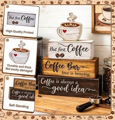 4 Pcs Wooden Coffee Bar Decorations Rustic Coffee Bar Signs for Tiered Tray F…