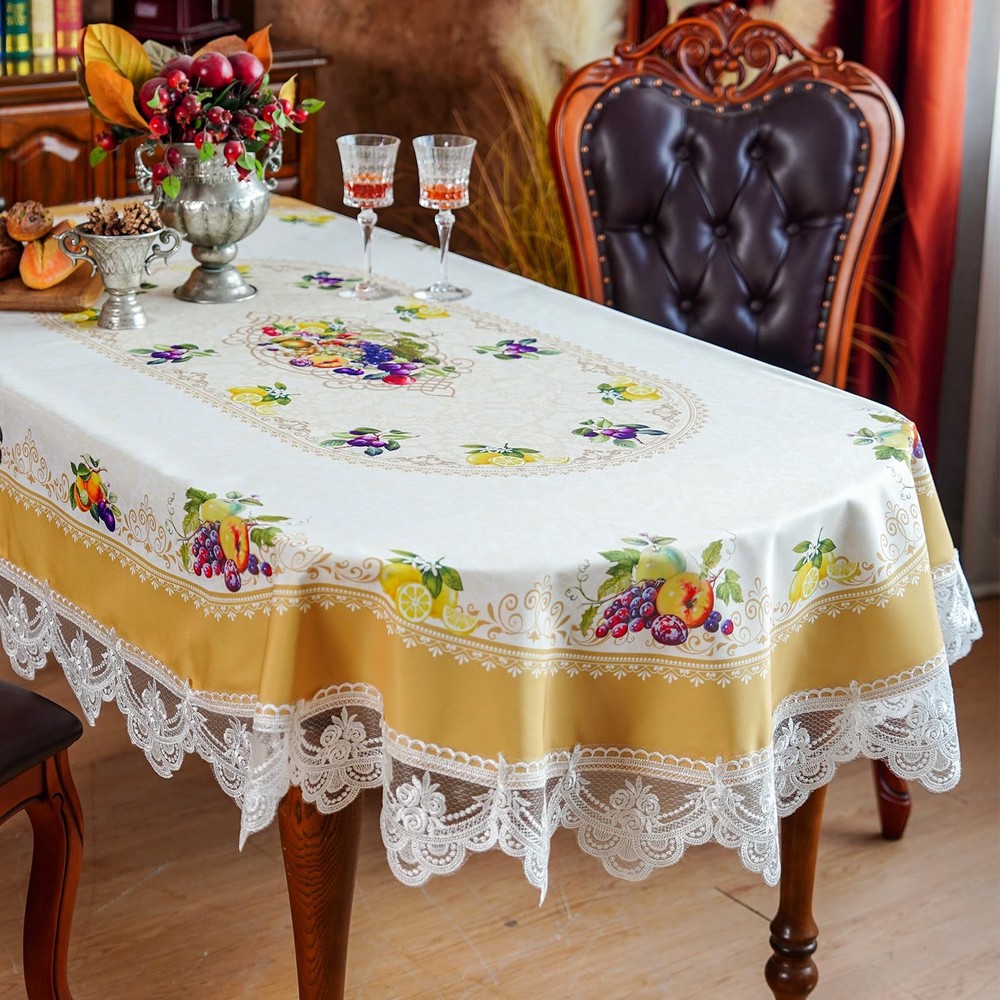 SUTAVIA Lemon Oval Tablecloth with Embroidery Lace Waterproof Table Cloth Elegan
