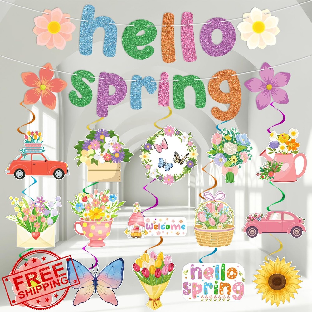 Adecortalk Spring Decorations for Classroom Office Hello Spring Banner Flower…