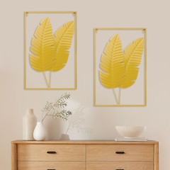 2PCS Wall Decorations Gold Iron Leaf Wall Hanging Home Decor w/Frame Wall Decor