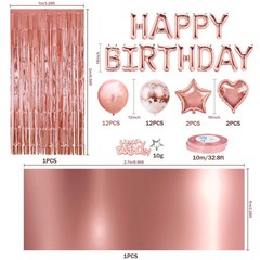 Rose Gold Birthday Party Set – Happy Birthday Banner, Fringe Curtain, Foil Table
