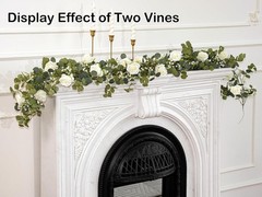 6FT Artificial Eucalyptus Garland with Flowers, 10 White Roses Baby Breath