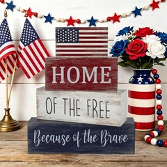 Durable Red White Blue Wooden Block Decorations for 4th of July & Memorial Day