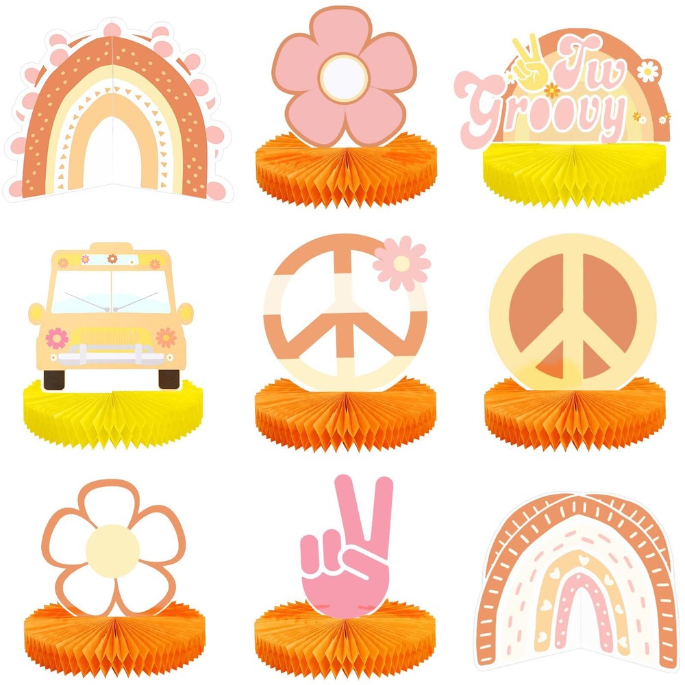 9 Pcs Groovy Hippie Boho Party Honeycomb Centerpieces Photo Booth Prop