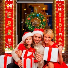 Merry Christmas Decorations Banners Outdoor Red Hanging Cookie Pattern Banne…
