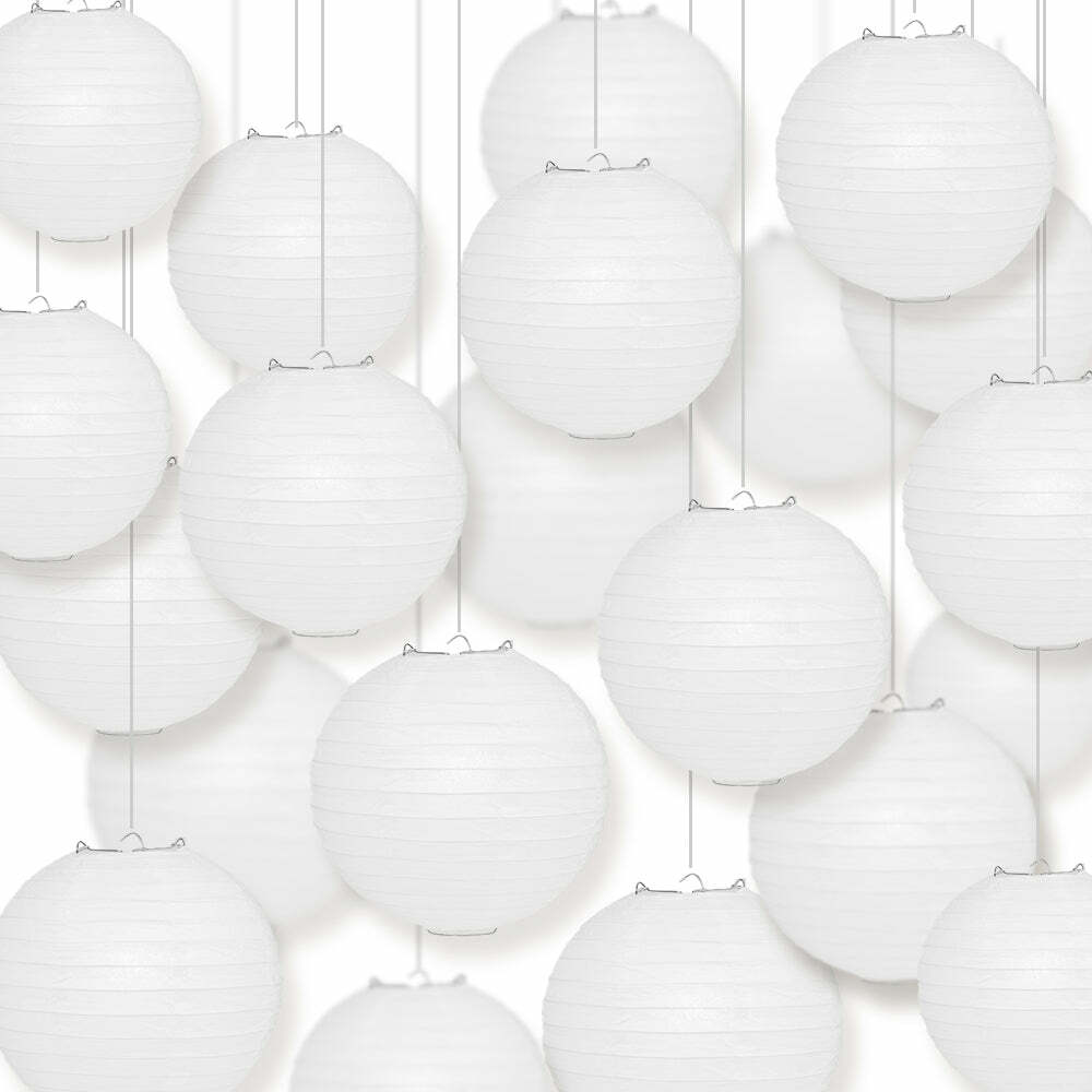 BULK PACK (25) 12″ White Round Paper Lanterns, Even Ribbing, Hanging Decoration