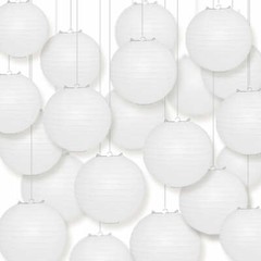 BULK PACK (25) 12″ White Round Paper Lanterns, Even Ribbing, Hanging Decoration