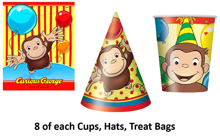 Curious George Birthday Party Decorations Banner Swirls Plates Cups Hats Bags