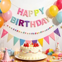 Felt Happy Banner Set, Pre-Strung 3D Happy Banner with Pom Pom Garland & Tria…