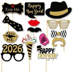 2026 Glitter Happy New Year’s Eve Party Photo Booth Props Supplies with Paper