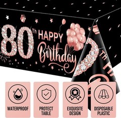 3 Pack Rose Gold 80th Birthday Tablecloth Decorations – Happy Eighty Birthday…