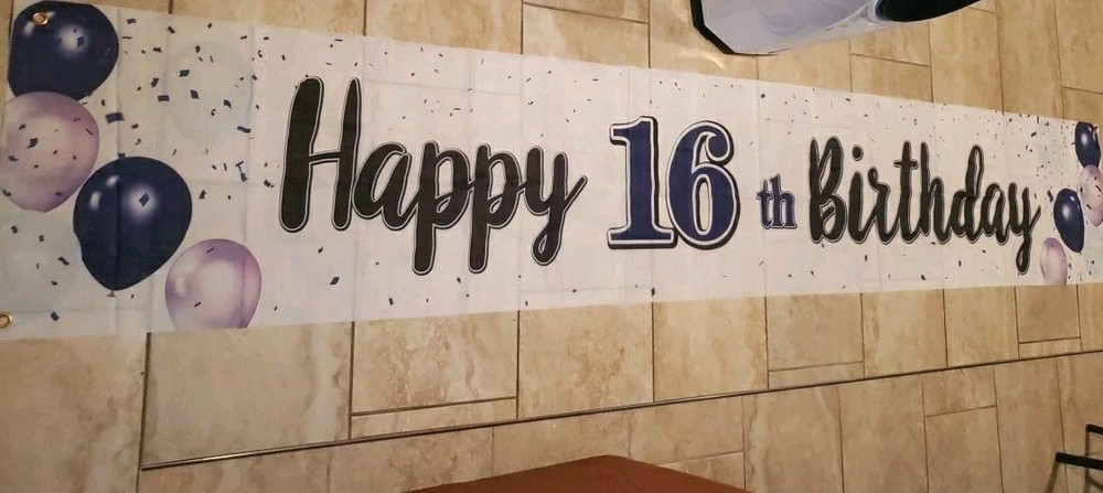 Happy Sweet 16 Birthday Banner 119″ Long 19″ Tall Gromets White Purple Pink