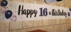 Happy Sweet 16 Birthday Banner 119″ Long 19″ Tall Gromets White Purple Pink