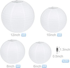 20PCS White Paper Lanterns with Lights, round Hanging Chinese Lanterns Decorativ
