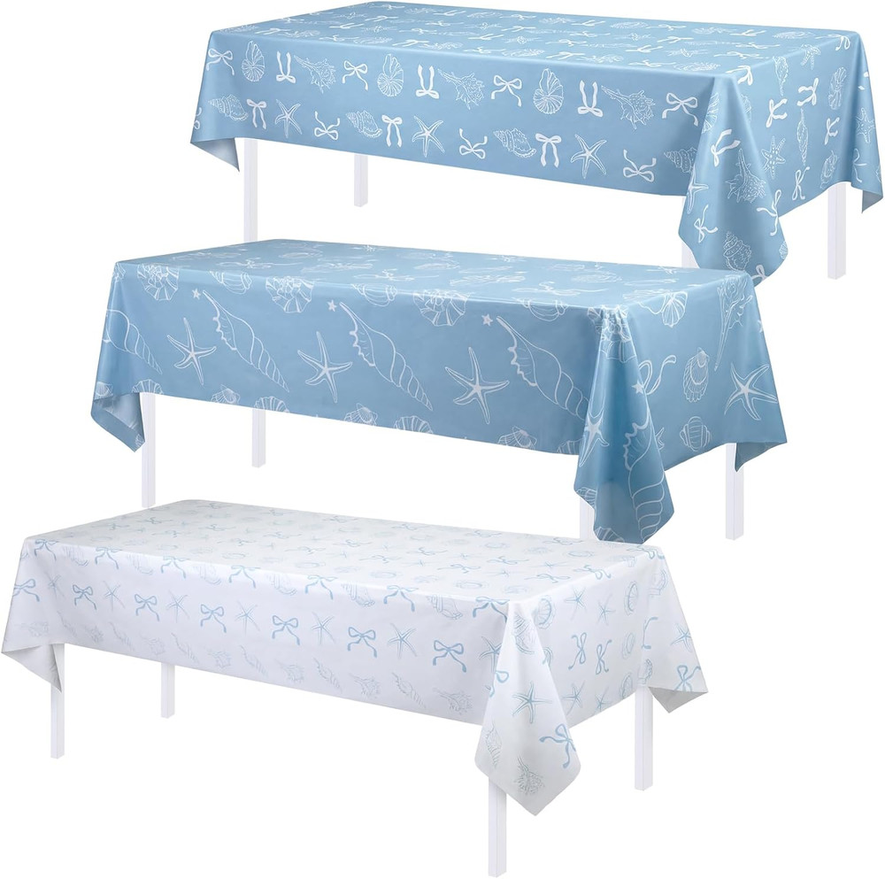 3 Pcs Blue Bow Starfish Seashell Tablecloth Ocean Coastal Nautical Beach Party D