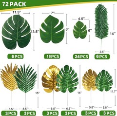 72 Pieces 10 Kinds Artificial Palm Leaves Golden Tropical 72pcs Gold