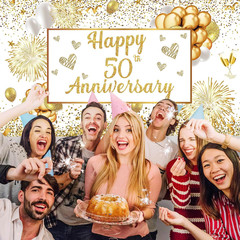 50Th Wedding Anniversary Decorations – White Gold Happy Anniversary Banner, Larg