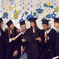 Festive 16 PCS Blue and Gold Graduation Ceiling Hanging Swirls for Grad Parties