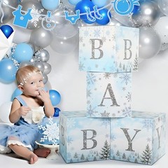 4 Pcs Winter Snowflake Blue Baby Shower Decoration Boxes with Snowflake Theme