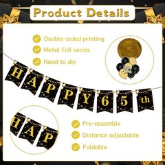 Yoyuspy 65th Birthday Decorations for Men Women, Black and Gold 65