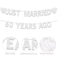 60Th Wedding Anniversary Party Banner Decorations, Silver Glitter Just Married 6