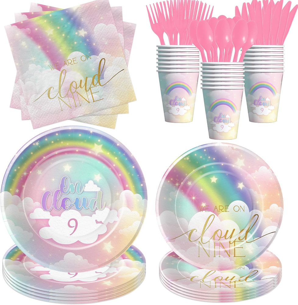 Pastel Rainbow Cloud 9 Birthday Decorations for Girls Tableware, We’Re on Cloud